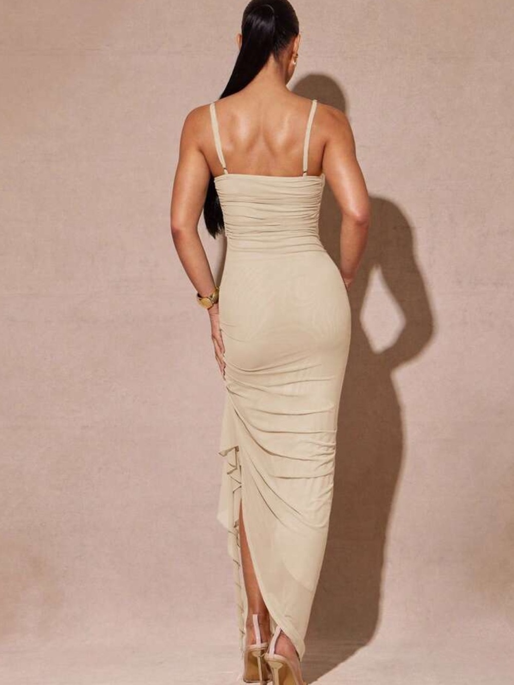 Apricot  Ruched Sheath Dress with Side Ruffle - Picture 7 of 7